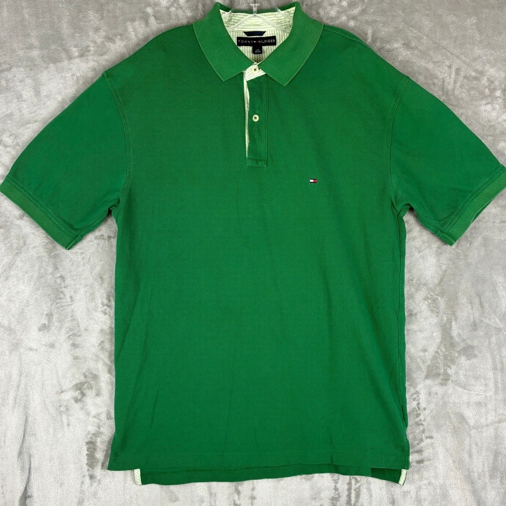 Tommy Hilfiger Mens Green Pique Cotton Short Sleeve Polo Shirt Large Classic Fit